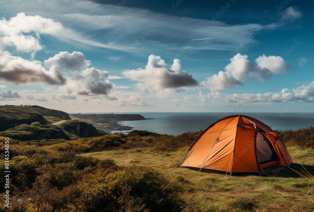Tent Pitched on Hill Overlooking Ocean