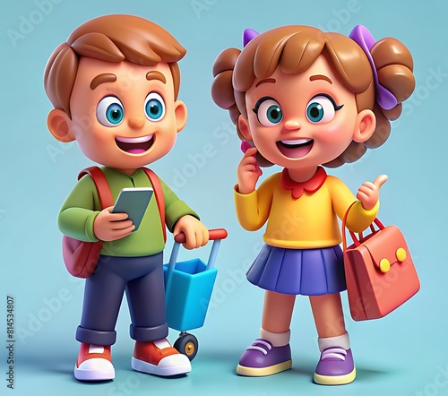 Modern Love: 3D Cartoon of Husband and Wife Carrying Shopping Bags While Using Smartphone