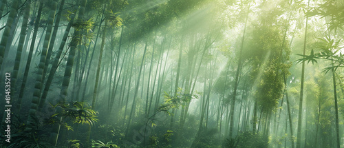 Sunlight filters through tall bamboo trees casting serene shadows in a tranquil forest scene.