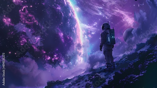 Fototapeta Naklejka Na Ścianę i Meble -  Digital technology blue and purple space astronaut poster background