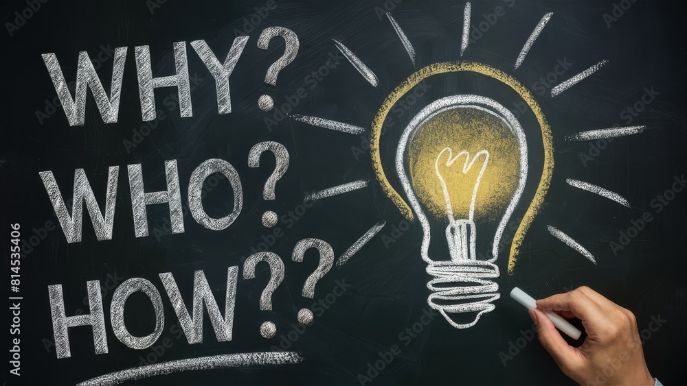 Chalkboard Featuring Lightbulb and 'Why? Who? When? How?' Typography ...
