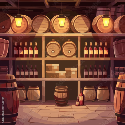 Vintage Wine Cellar with Wooden Barrels and Bottles