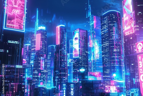 Futuristic city skyline at night with holographic billboards and neon-lit skyscrapers  using a palette of dark blues and vibrant pinks  ideal for an office or gaming room wallpaper