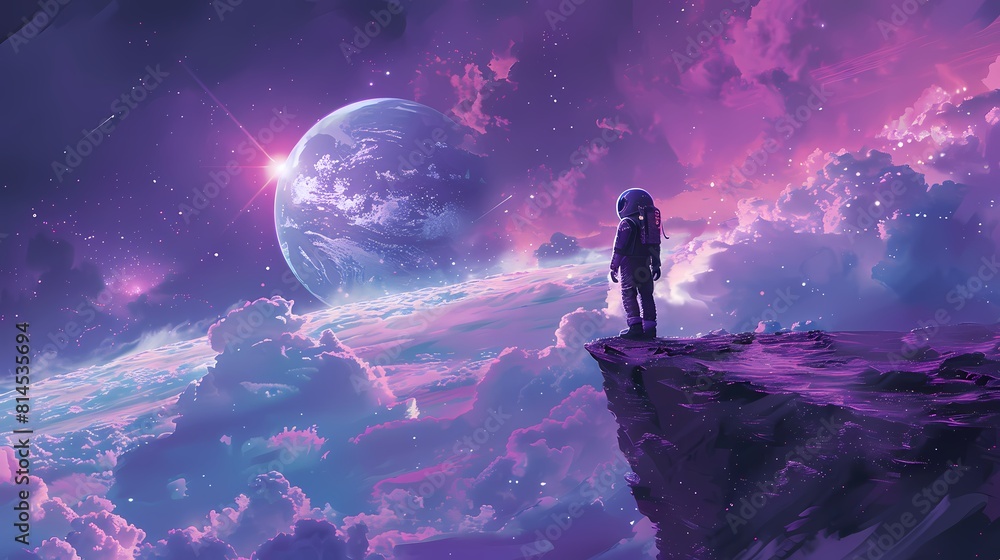 Fototapeta premium Digital technology blue and purple space astronaut poster background
