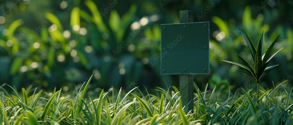A blank outdoor signage mockup nestled amidst verdant spring foliage, creating a captivating visual juxtaposition.