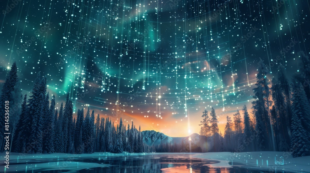 Throughout the night sky, Aurora Borealis, Northern Lights, snow, and pine trees are visible over a northern winter landscape Throughout the night sky, Aurora Borealis, Northern Lights, snow, and pine trees are visible over a northern winter landscape