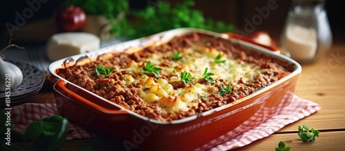 A delicious homemade meat sauce doria baked to perfection in the comfort of your own home. with copy space image. Place for adding text or design