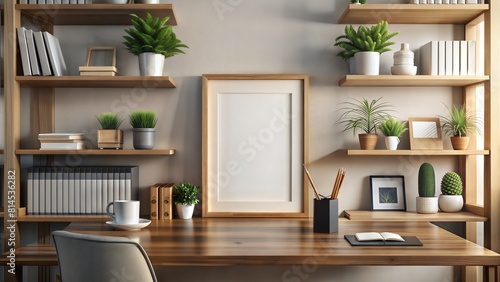 Home Office Frame Mockup: A stylish home office environment with a frame mockup positioned on a bookshelf or mounted above a desk, creating a sophisticated yet functional workspace.   © No