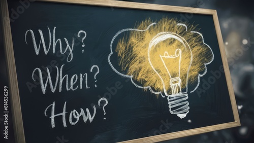 Chalkboard Featuring Lightbulb and 'Why? Who? When? How?' Typography - Curiosity, Learning, Innovation