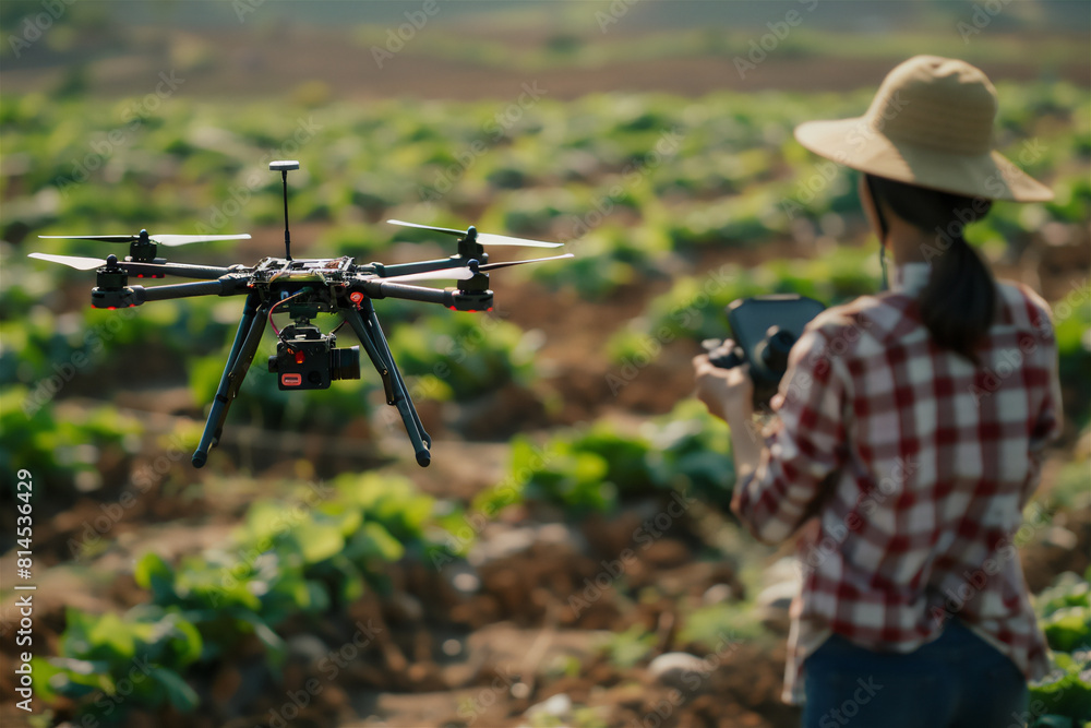 a woman is flying a drone in an agricultural area a woman is flying a drone in an agricultural area