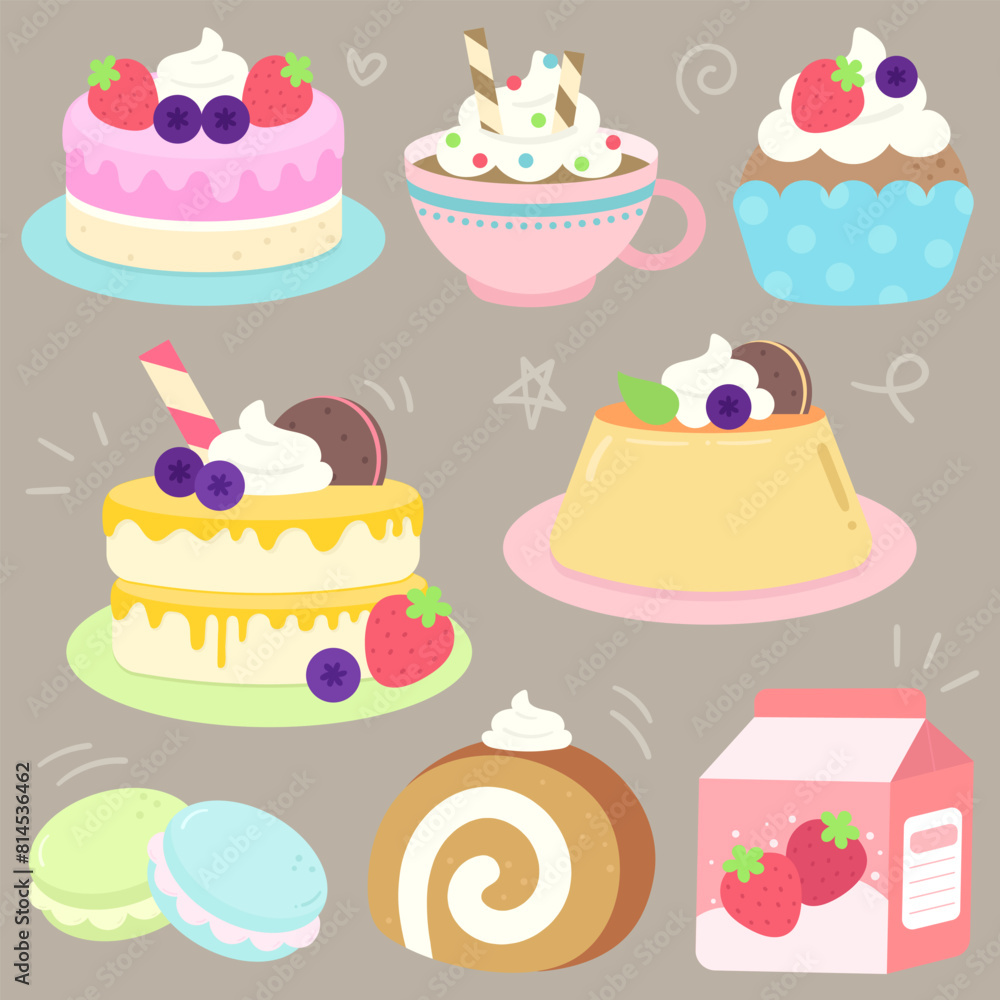 cute sweet hand drawn colorful sweet and dessert cakes cafe hopping illustration cute sweet hand drawn colorful sweet and dessert cakes cafe hopping illustration