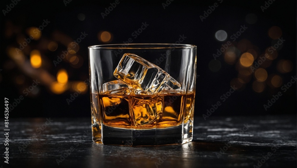 Whiskey on the rocks black background glass Whiskey on the rocks black background glass