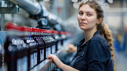 Portrait of a serious woman ensuring the flawless operation of the robotic line for bottling and packaging carbonated black juice soft drink in a factory environment. 
