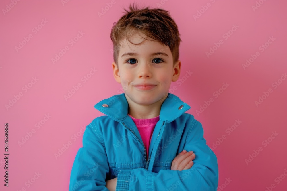 A young boy in a blue jacket standing with his arms crossed. Suitable for various concepts and projects A young boy in a blue jacket standing with his arms crossed. Suitable for various concepts and projects