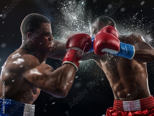 Two male boxers in a dynamic exchange with sweat flying upon impact. © cherezoff