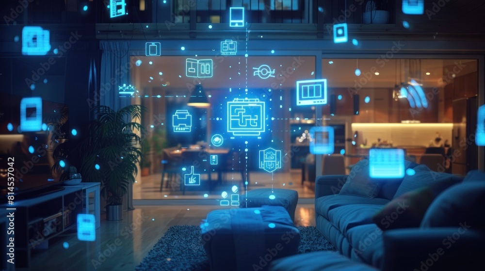 Modern smart home interior with connected devices and seamless integration of blue digital symbols and technology Modern smart home interior with connected devices and seamless integration of blue digital symbols and technology