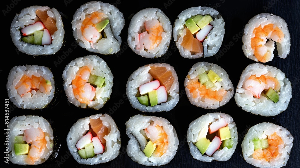 Vibrant top-down shot of sushi rolls, showcasing salmon, shrimp, and avocado fillings, beautifully lit in a studio setting for advertising