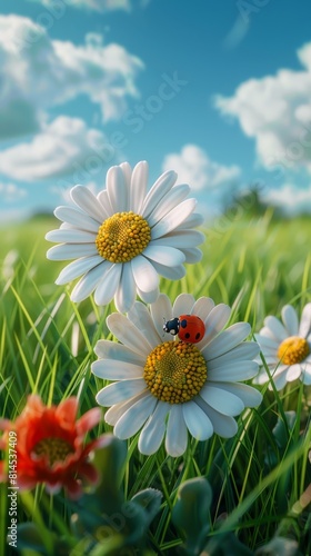 Field of Daisies With Ladybug