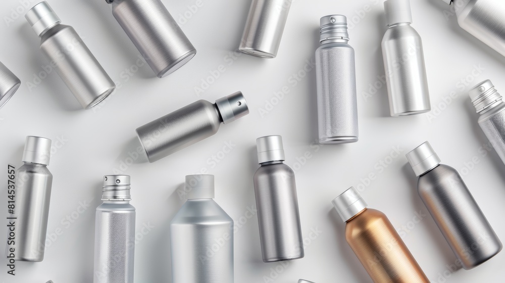 Top view of various aluminum deodorant spray bottles, neatly arranged on an isolated background with studio lighting, emphasizing clarity and focus Top view of various aluminum deodorant spray bottles, neatly arranged on an isolated background with studio lighting, emphasizing clarity and focus
