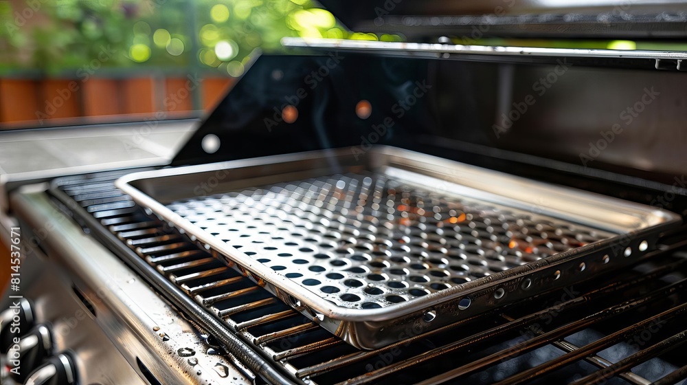 Close up of the grease tray on an empty barbecue grill, its clean surface a testament to the care and maintenance of its owner Close up of the grease tray on an empty barbecue grill, its clean surface a testament to the care and maintenance of its owner