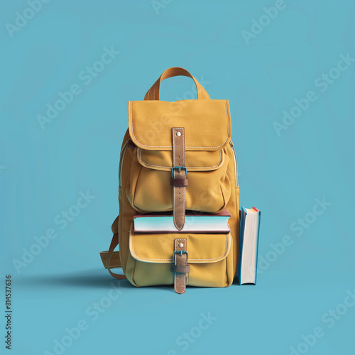 A yellow backpack with brown straps and buckles is sitting on a blue background with a book resting against it.

 photo