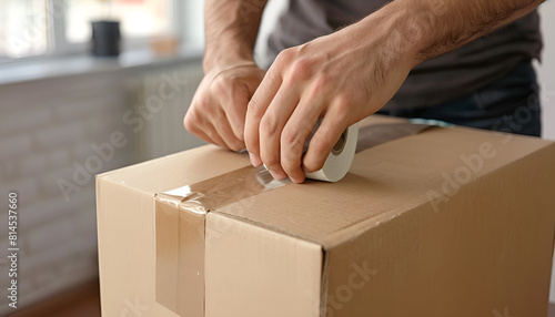 Male mover packing box with adhesive tape in house, closeup. Space for text © Oleksiy
