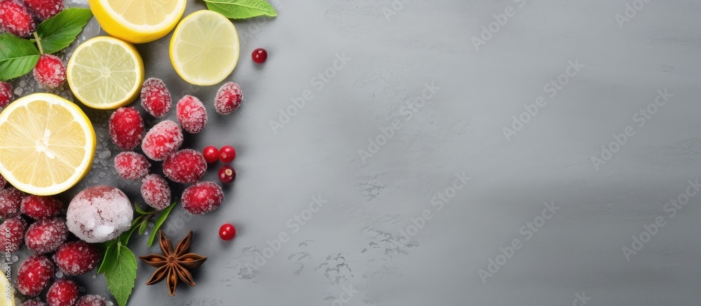 Top view close up of a gray background with a copy space image featuring a selection of healthy foods including frozen cranberries ginger root lemon and mint all known for their immunity boosting pro Top view close up of a gray background with a copy space image featuring a selection of healthy foods including frozen cranberries ginger root lemon and mint all known for their immunity boosting pro