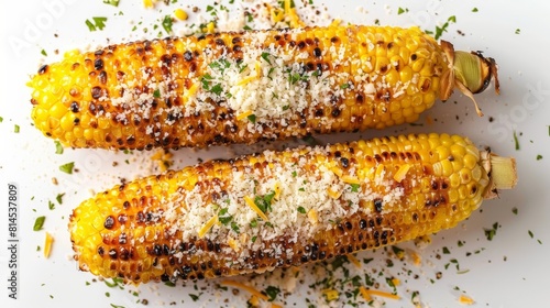 Top view of perfectly grilled corn on the cob, generously sprinkled with parmesan cheese, isolated background, studio lighting for advertising photo