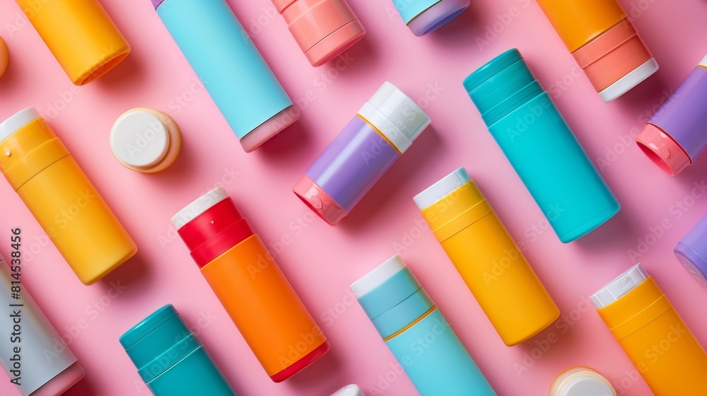 Top view of an assortment of deodorant spray bottles and roll-ons, positioned neatly for advertising, isolated background, studio lighting Top view of an assortment of deodorant spray bottles and roll-ons, positioned neatly for advertising, isolated background, studio lighting