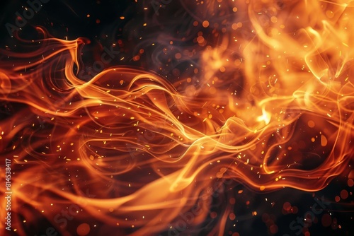 Close up of fiery tendrils swirling and dancing in the night, their dynamic movement creating a breathtaking spectacle against the black backdrop