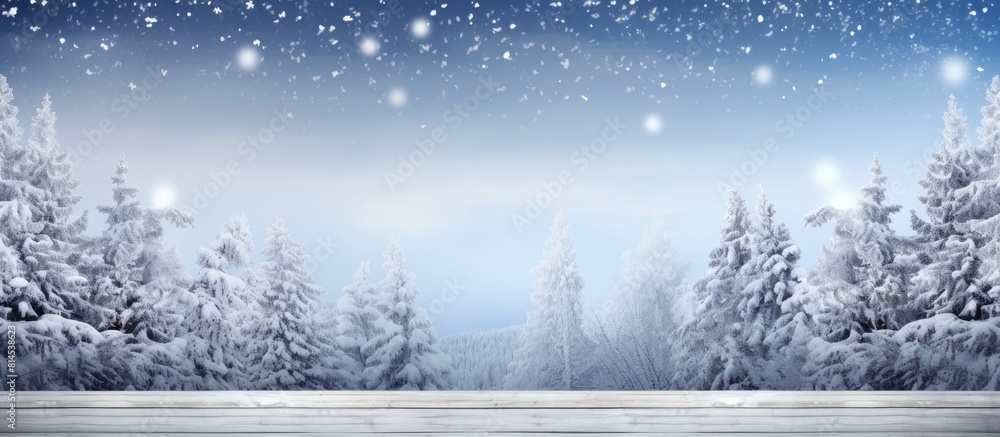 Fototapeta premium A stunning Christmas backdrop featuring snow covered branches of a tree resting on a wooden table with empty space for adding your own images. with copy space image. Place for adding text or design