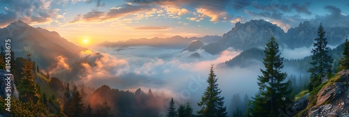 large misty cloud climbing mountain valley in slovakia, Tatra at sunset time realistic nature and landscape photo