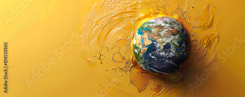 In a minimalist design, a top-down perspective shows a melting globe on a solid color background. The unreal depiction highlights the urgency of global boiling, with plenty of copy space for