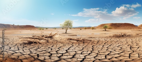 There is a lack of water causing dryness and drought conditions The image displays an absence of water in the landscape. with copy space image. Place for adding text or design