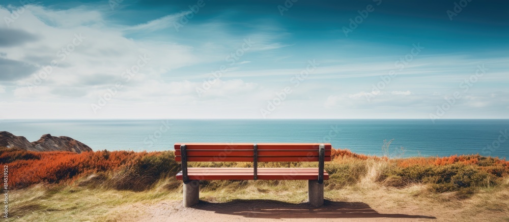 Obraz premium A serene copy space image of a bench with a view of the ocean located near the vibrant Red Cliff on the enchanting island of Sylt