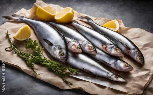 Dutch herring, raw fish, onions, served on paper, marina background, daylight