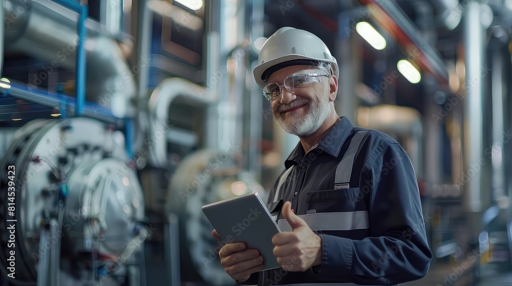 Supervisor in professional attire and helmet, expressing satisfaction with a thumbs-up while analyzing power plant operations on a digital tablet. Supervisor in professional attire and helmet, expressing satisfaction with a thumbs-up while analyzing power plant operations on a digital tablet.