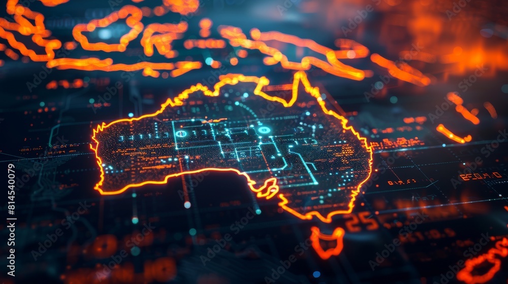 Data transfers and cyber technology, business exchange, information and telecommunications, digital map of Australia Data transfers and cyber technology, business exchange, information and telecommunications, digital map of Australia
