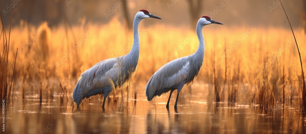 Naklejka premium Cranes are large graceful birds known for their long necks and tall stature They are often seen in wetland habitats and are distinguished by their elegant plumage and loud melodious calls These majes