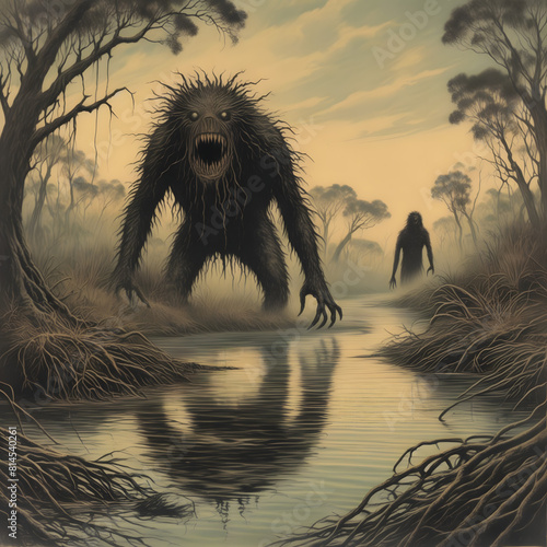 historic depiction of a bunyip, a mythical creature from Australian Aboriginal mythology, said to lurk in swamps, billabongs, creeks, riverbeds, and waterholes across the continent photo