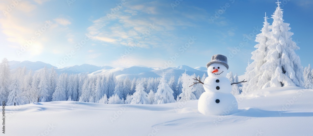 Obraz premium Snowman wearing a Santa hat happily situated in a snowdrift with the forest as a backdrop presenting a visually appealing copy space image