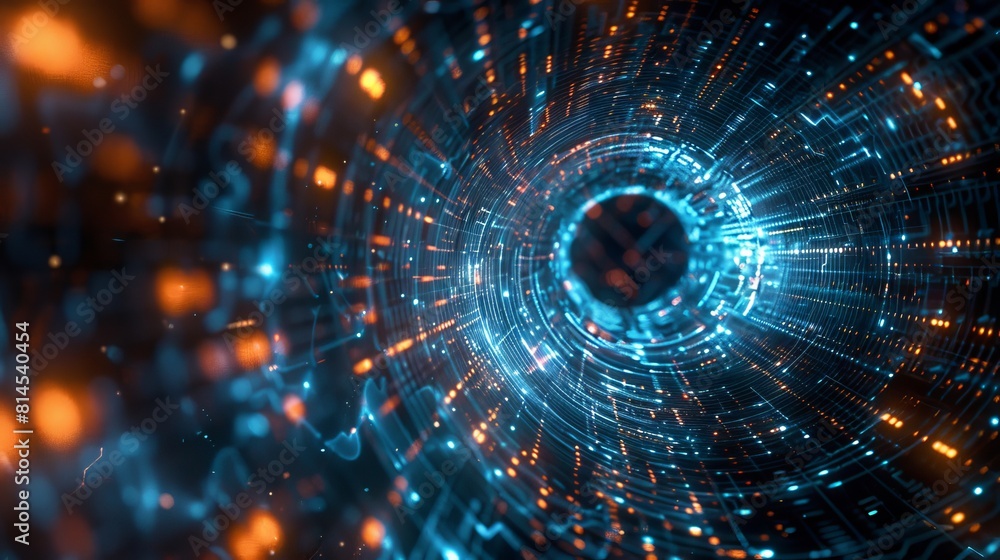 Obraz premium Dark blue abstract background with artificial neural connections and quantum computing, electronic global intelligence and digital waves