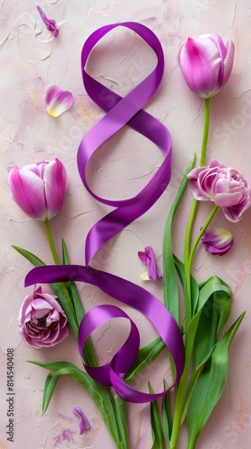 Number 8 with violet ribbon and tulip flowers on light background. International Women's Day celebration. Wide angle format banner © Viacheslav