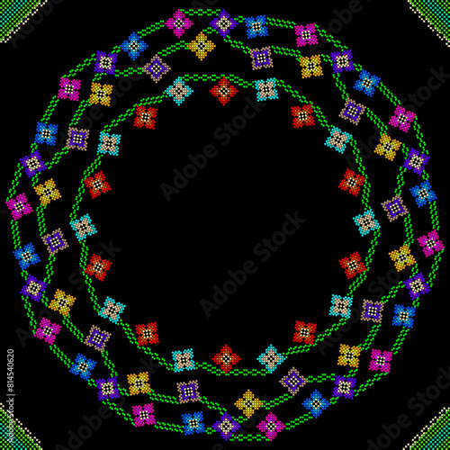 Cross stitch pattern.Traditional needlework geometric ethnic pattern,embroidery textile ornament fabric seamless handmade artwork pattern abstract black background photo