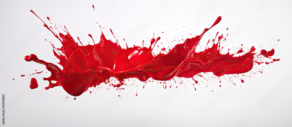 An abstract red substance is splattered on a white surface creating an eye catching composition with ample copy space for additional elements or text An abstract red substance is splattered on a white surface creating an eye catching composition with ample copy space for additional elements or text