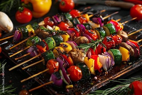 Colorful Veggie Skewers  Skewers loaded with an assortment of colorful vegetables  such as bell peppers  zucchini  cherry tomatoes  and mushrooms  grilled to perfection