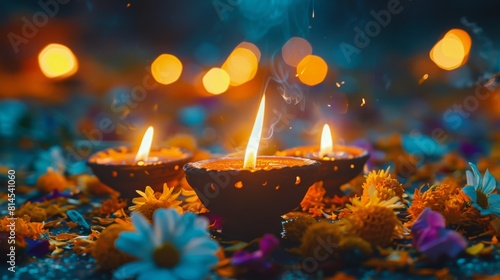 Cake With Candles and Flowers on Table