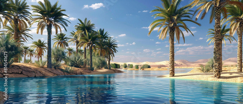 Sunset over desert oasis with palm trees reflecting in shimmering water  creating a tranquil scene.