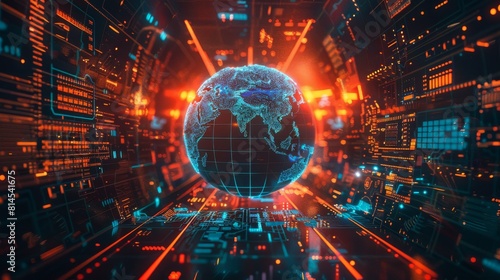 Digital world globe centered on South East Asia, concept of global network, cyber technology, information exchange, and international telecommunications photo