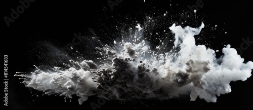 An abstract image capturing the frozen motion of black powder exploding or being thrown against a backdrop with empty space around it. with copy space image. Place for adding text or design